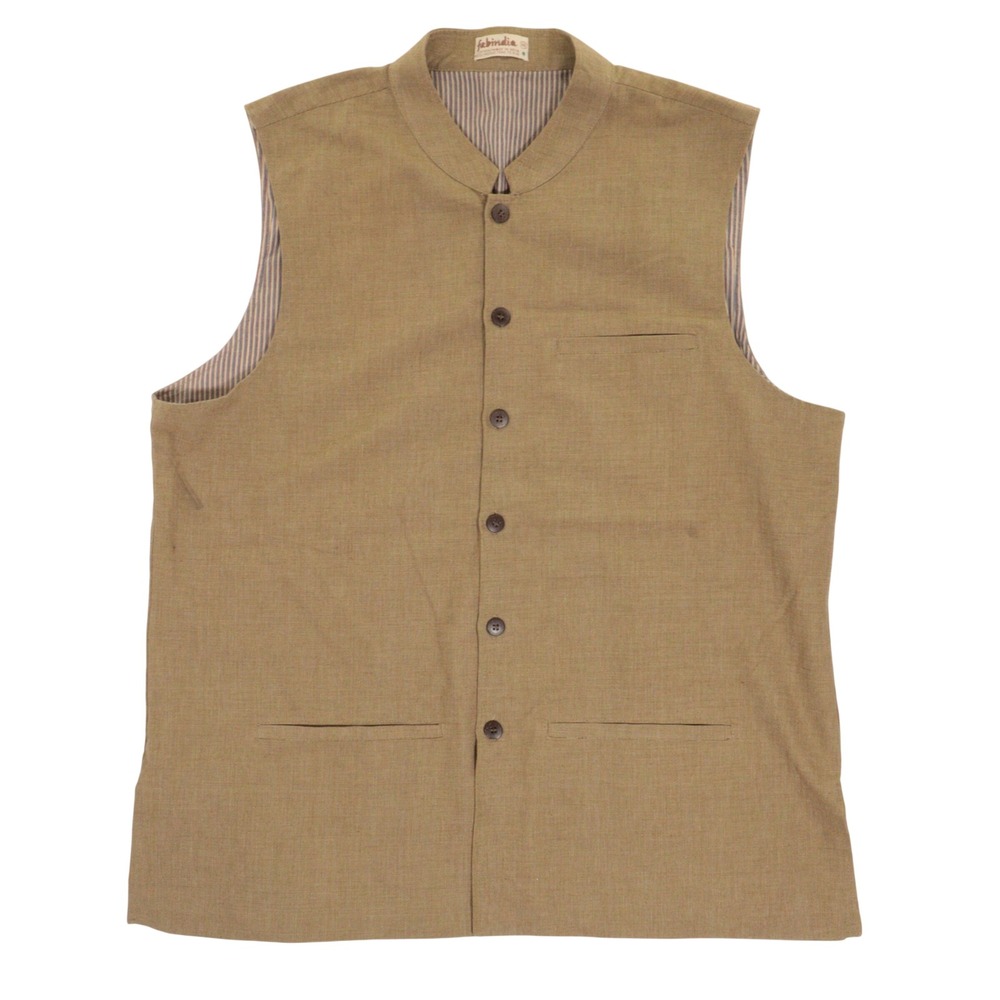 Fabindia Nehru Vest Men 46 XL Waistcoat Mandarin Collar Cotton Tan Brown